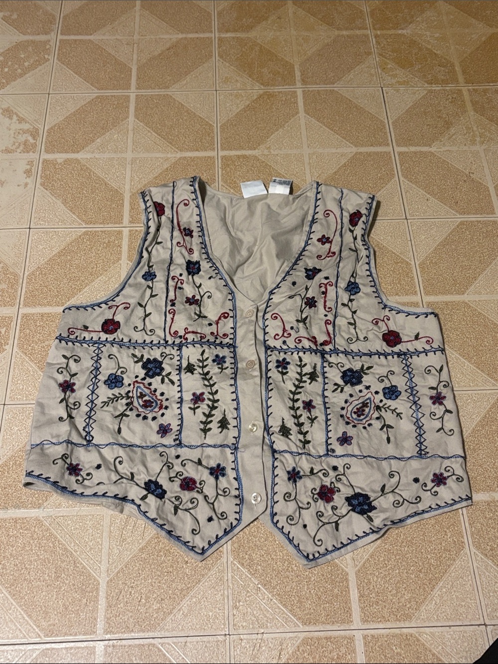 Embroidered Floral Cotton Vest - Cream with Blue & Red Accents